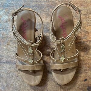 Jellypop Brown T-Strap Sandals with Gold Accents